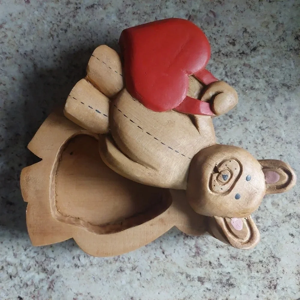 Wooden handmade carved teddy bear Holding a heart trinket box! Valentines Day